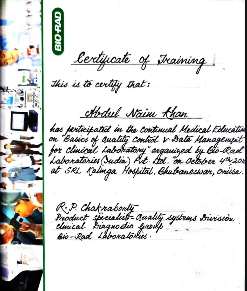 BIO-RAD Quality Control Training Certificate